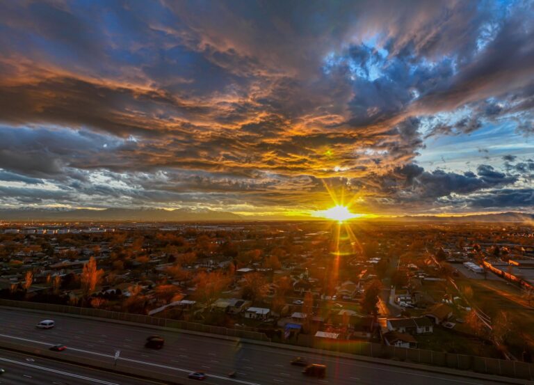 Sunset over south Davis County, Utah, looking toward the Great Salt Lake and the Wasatch Front.