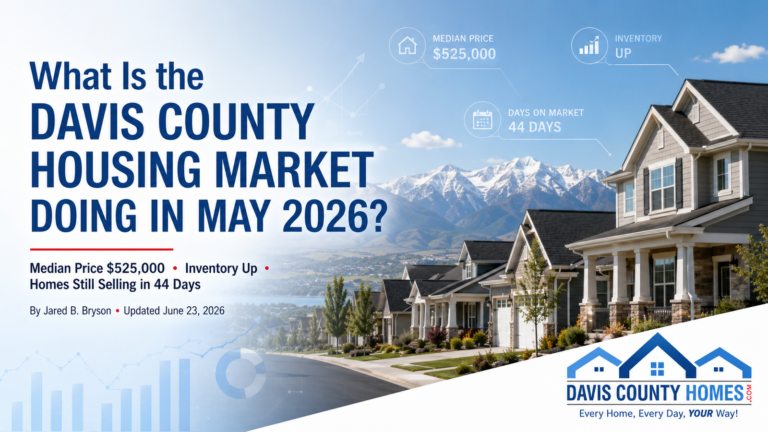 Davis County’s median sale price was $525,000 in May 2026, inventory rose across every home type, and homes still sold in a median of 44 days. Here’s what buyers and sellers need to know.
