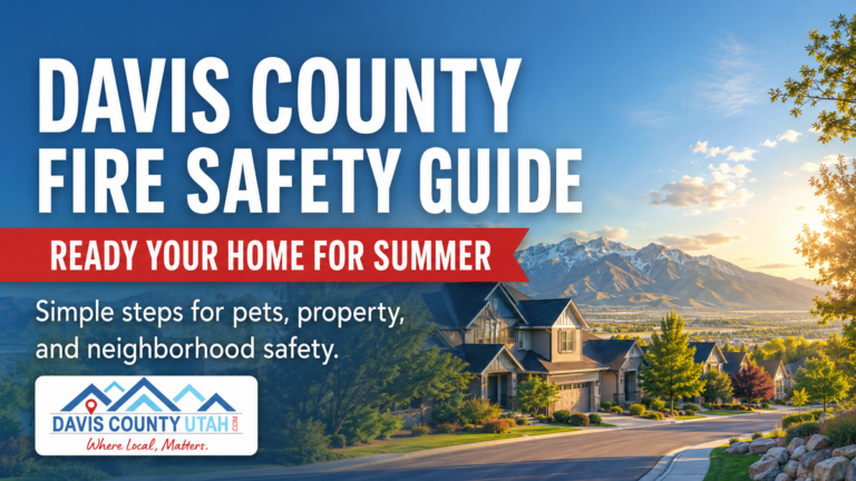 Davis County Fire Safety Guide: a Davis County neighborhood below the Wasatch foothills in summer light, with the message Ready Your Home for Summer.