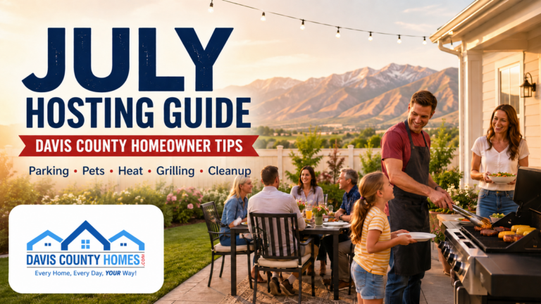 Davis County July hosting guide for homeowners with backyard gathering, grill, and Davis County Homes logo