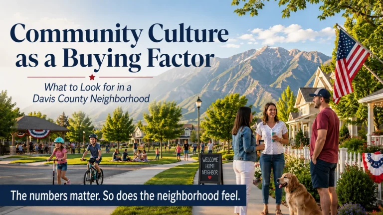 A Davis County neighborhood on a summer evening with neighbors talking, kids on bikes, homes and mountains
