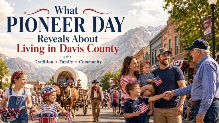 Pioneer Day parade in a Davis County town with families, a covered wagon, and mountains