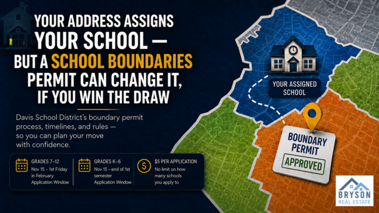 Davis School District boundary permit graphic. Headline: “Your address assigns your school — but a school boundaries permit can change it, if you win the draw.” A color-coded school attendance boundary map shows an assigned school, a location pin, and a stamp reading Boundary Permit Approved. Callouts list the grades 7–12 application window of Nov 15 to the first Friday in February, the grades K–6 window of Nov 15 to the end of first semester, and a $5 fee per application with no limit on how many schools. Bryson Real Estate.