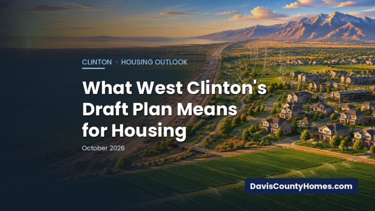 Editorial illustration: What West Clinton’s Draft Plan Means for Housing — farmland, a road corridor under construction and new homes at the edge of a Utah city