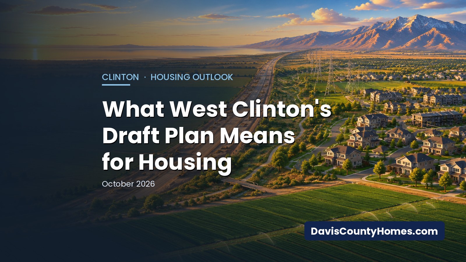 Editorial illustration: What West Clinton’s Draft Plan Means for Housing — farmland, a road corridor under construction and new homes at the edge of a Utah city